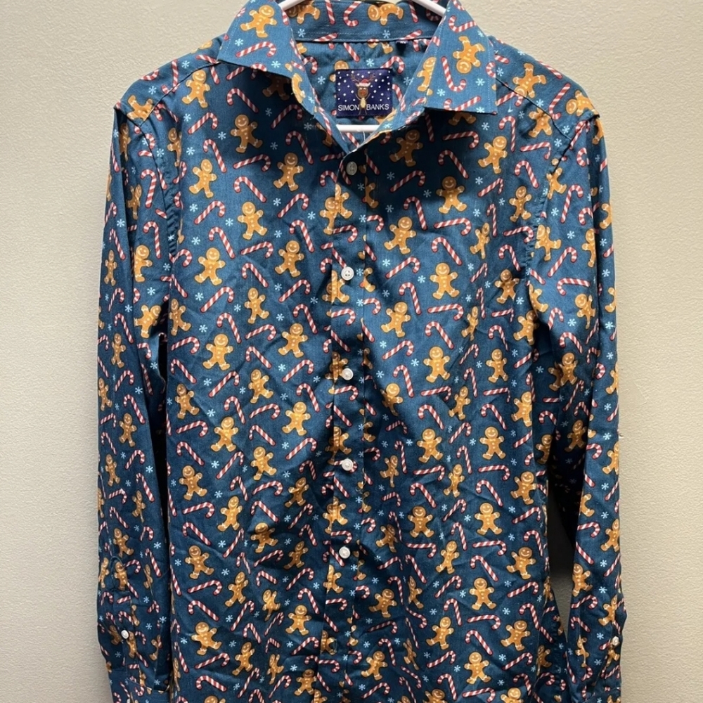 Simon Banks Shirt mens Christmas gingerbread man Small New!